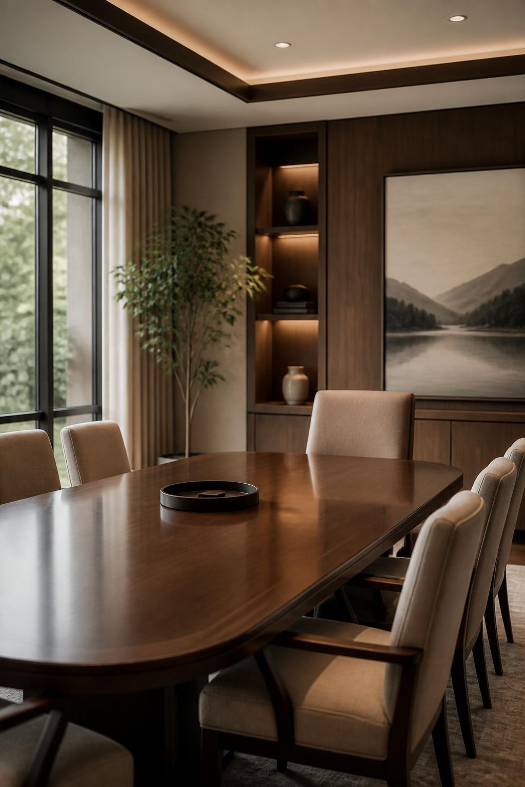 Inviting advisory office with a polished conference table and warm lighting.
