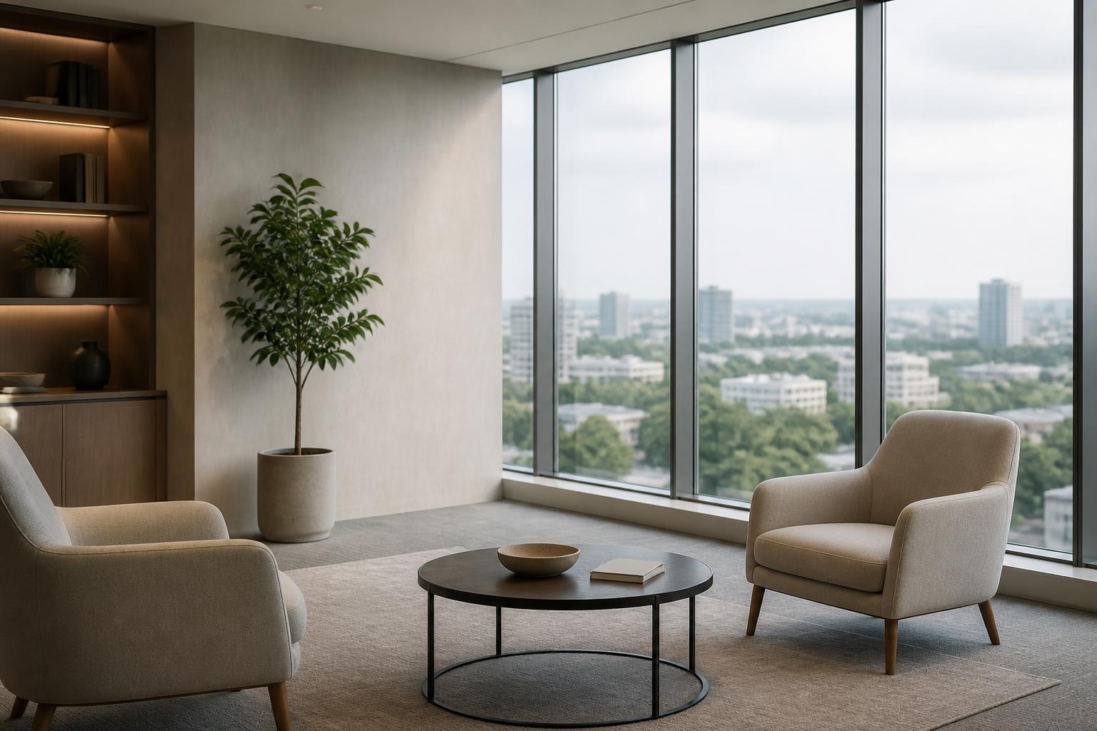 Modern advisory meeting room with city light and open space.